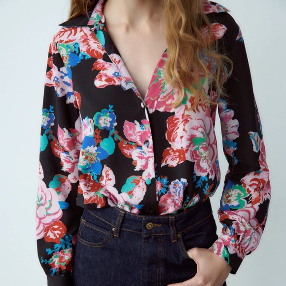 Zara black pink floral blouse shirt top S SM Small - Picture 3 of 16